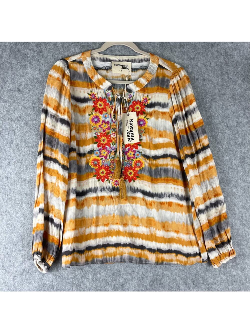 Savanna Jane Top Womens Small Floral Tie-Dye Tassel Embroidered Boho Peasant NEW